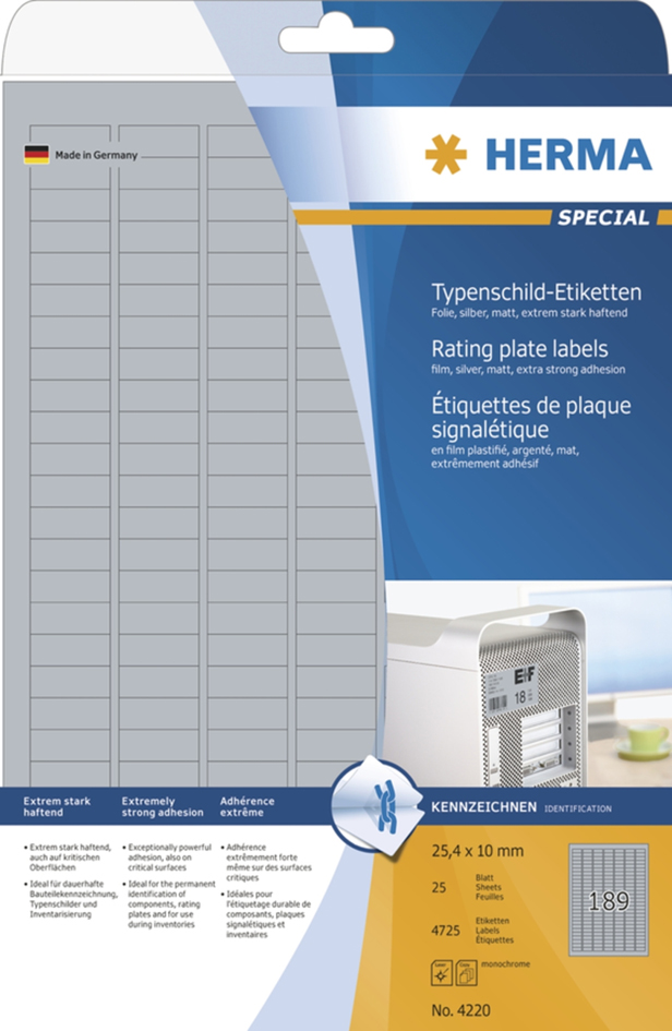 HERMA Typenschild-Etiketten SPECIAL, 210 x 297 mm, silber