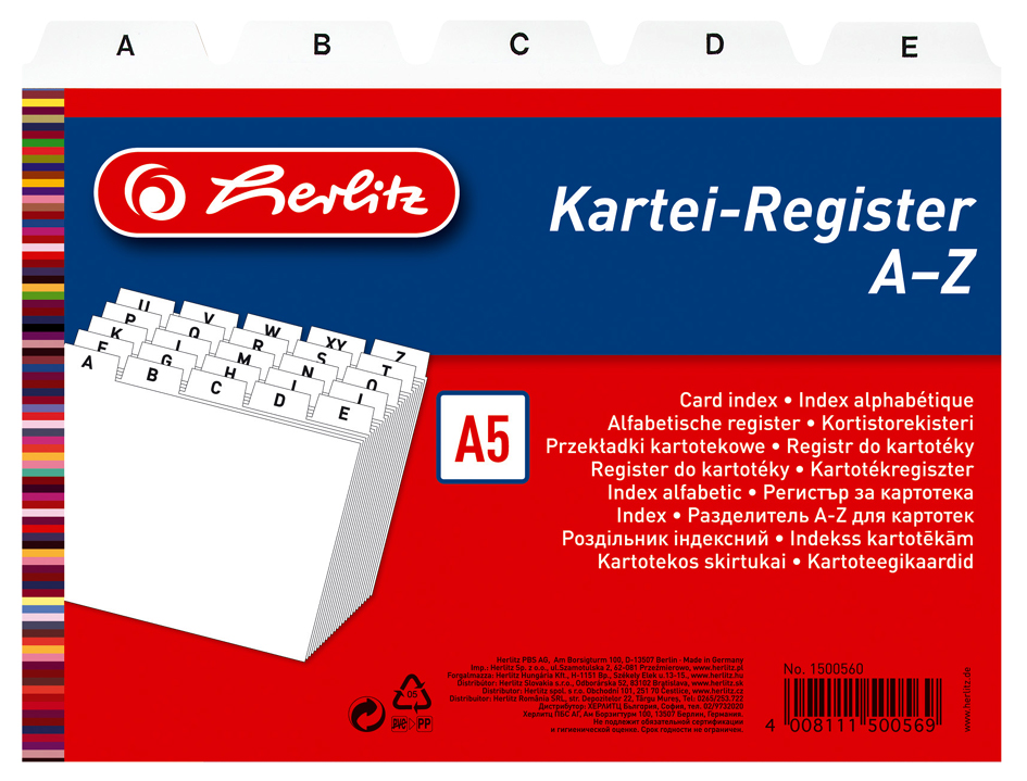 herlitz Karteiregister A - Z, PP, A7 quer, weiß, 24-teilig