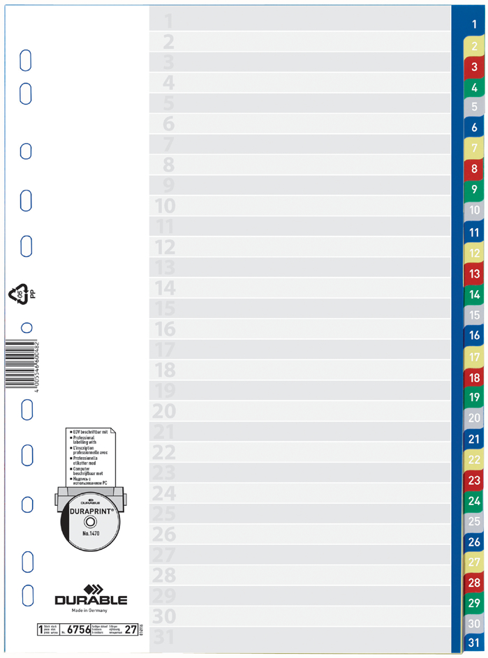 DURABLE Kunststoff-Register, Zahlen, A4, 52-teilig, 1 - 52