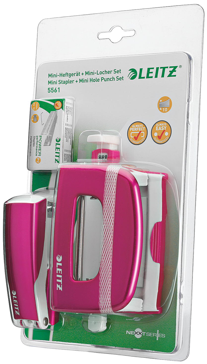 LEITZ Heftgerät- & Locher-Set Mini Nexxt WOW, pink-metallic