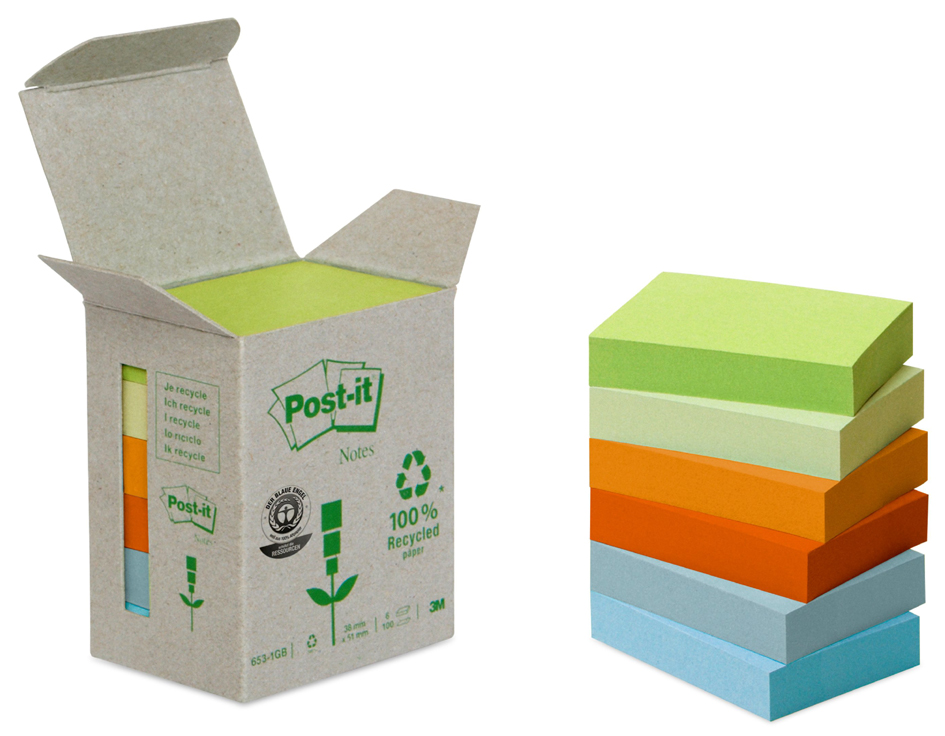 Post-it Haftnotizen Recycling, 76 x 76 mm, 6-farbig