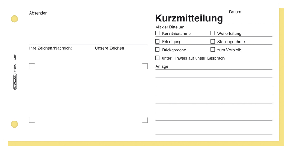 herlitz Formularbuch ´Kurzmitteilung´, 1/3 A4 quer