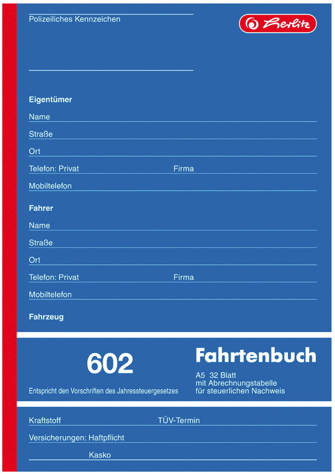 herlitz Formularbuch ´Fahrtenbuch 601´, A6 quer, 40 Blatt