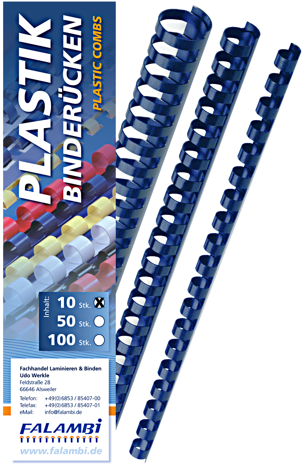 10 Plastik-Binderücken 21 Ringe  45 mm - blau