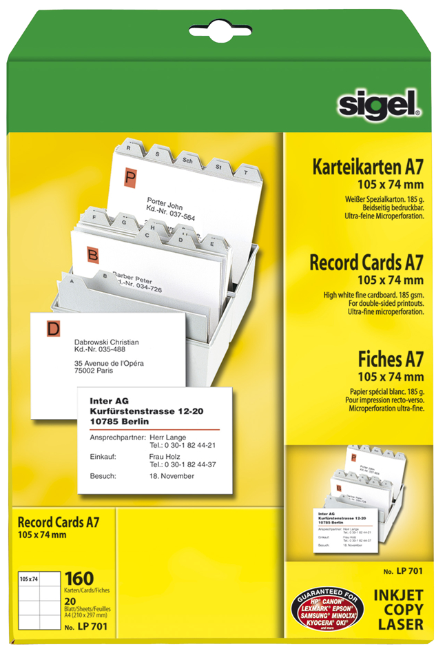 sigel PC-Karteikarten, A7 (A4), weiß, 185 g/qm, MP
