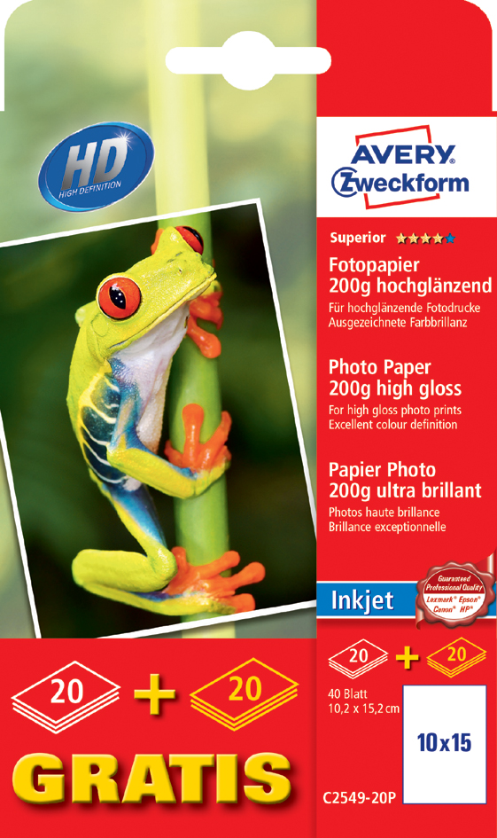 AVERY Zweckform Superior Inkjet Foto-Papier, 20 Blatt GRATIS