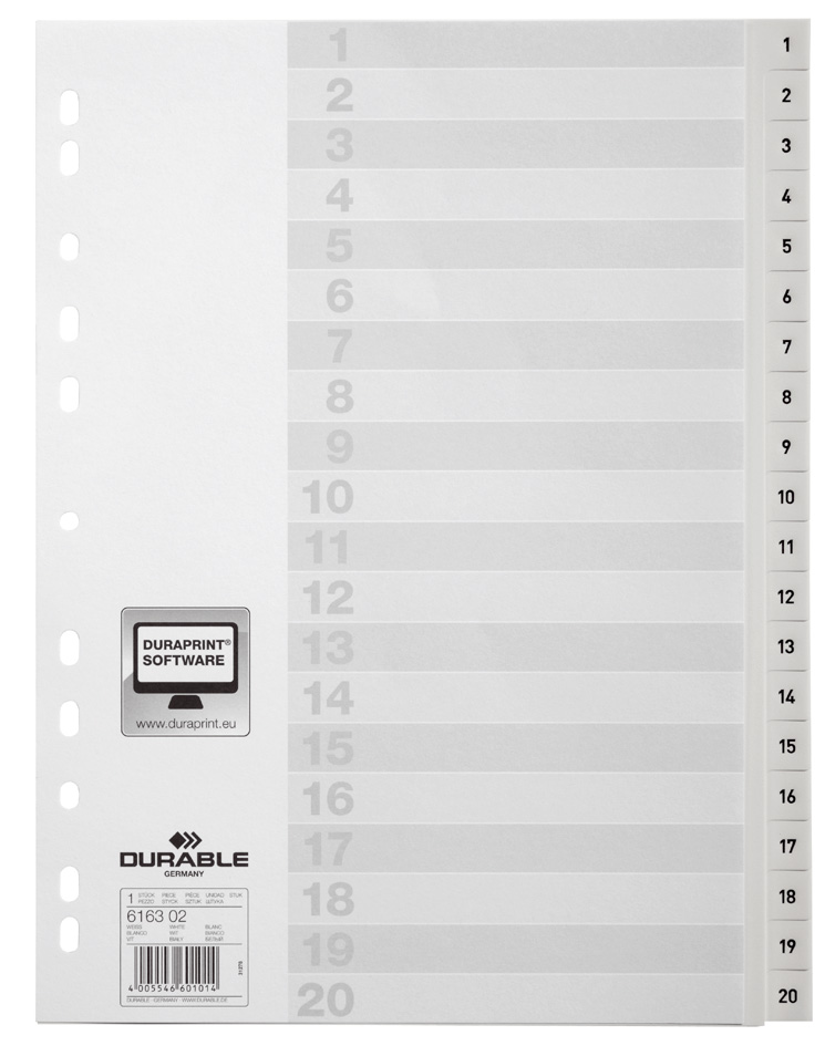 DURABLE Kunststoff-Register, Zahlen, A4, 31-teilig, 1 - 31