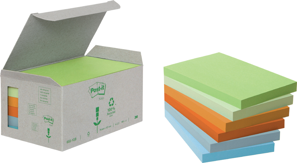 Post-it Haftnotizen Recycling, 38 x 51 mm, 6-farbig