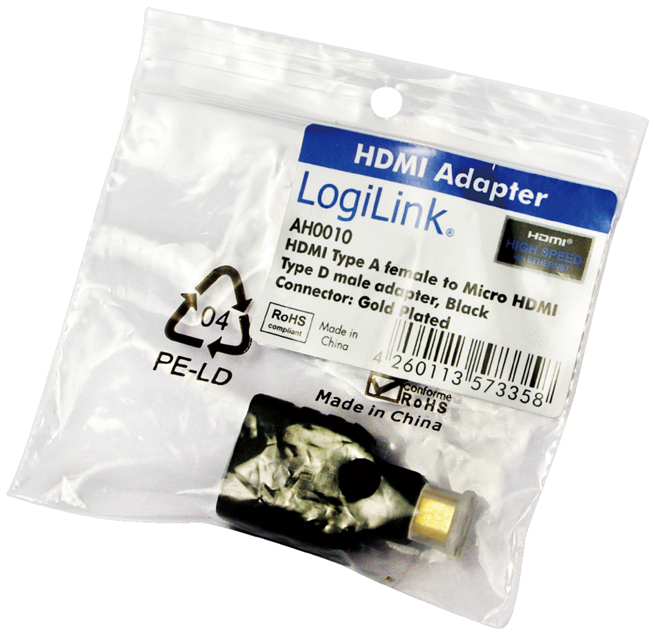 LogiLink Mini Adapter, HDMI Kupplung - HDMI Stecker, 19 Pol