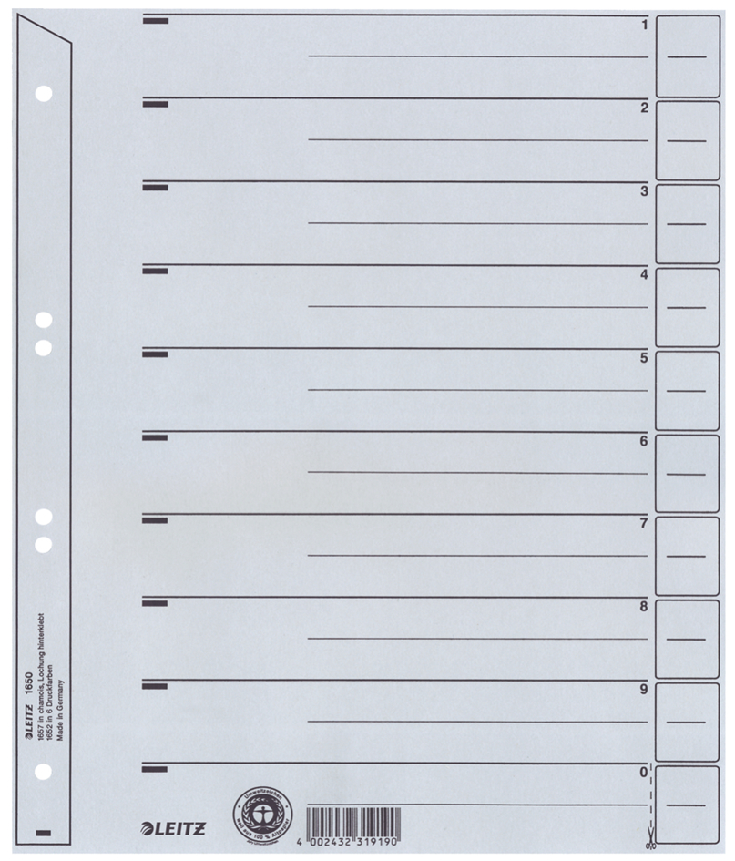 LEITZ Trennblätter, A4 Überbreite, Kraftkarton 200g/qm, grau