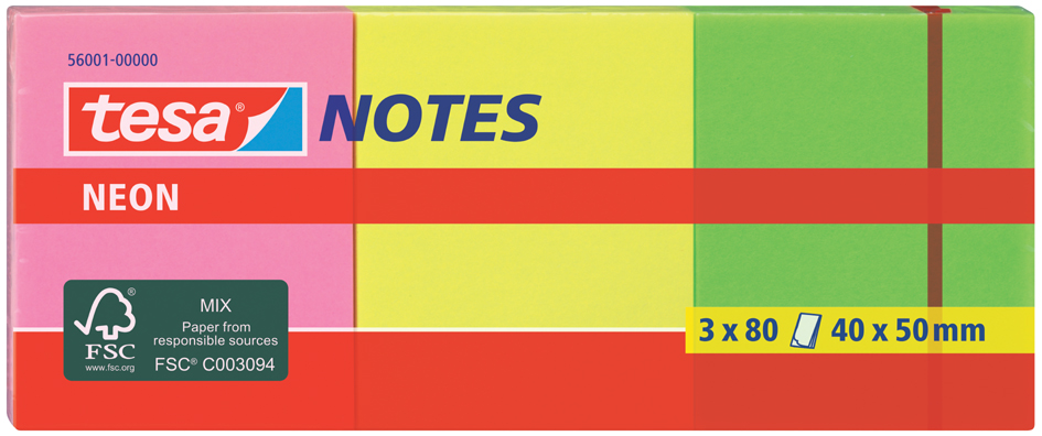 tesa Neon Notes Haftnotizen, 75 x 75 mm, 3-farbig