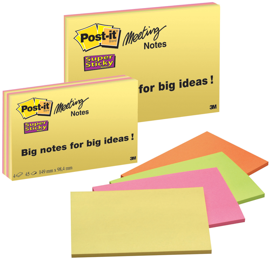 Post-it Meeting Notes Super Sticky, 152 x 203 mm, 4-farbig