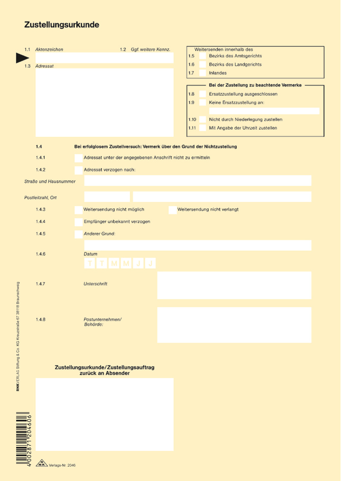 RNK Verlag Vordruck ´Zustellungsurkunde´, DIN A4