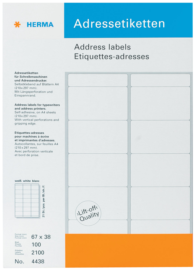 HERMA Adress-Etiketten, 70 x 42 mm, Ecken spitz, weiß