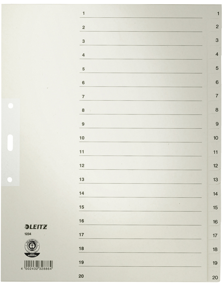 LEITZ Tauenpapier-Register, Zahlen, A4 Überbreite, 1-10,grau