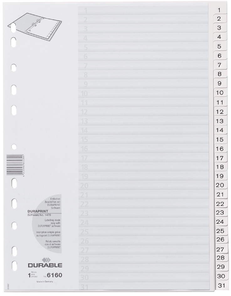 DURABLE Kunststoff-Register, Zahlen, A4, 12-teilig, 1 - 12