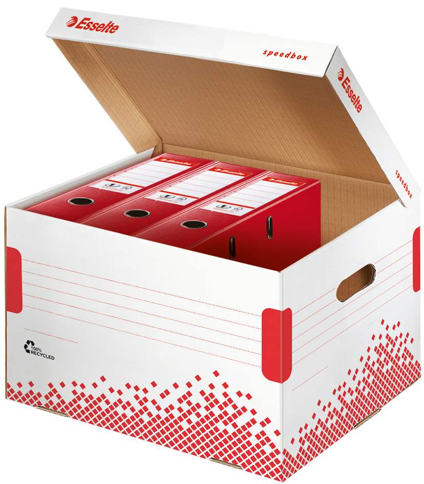 Esselte Archiv-Klappdeckelbox SPEEDBOX, Große: L, weiß/rot,