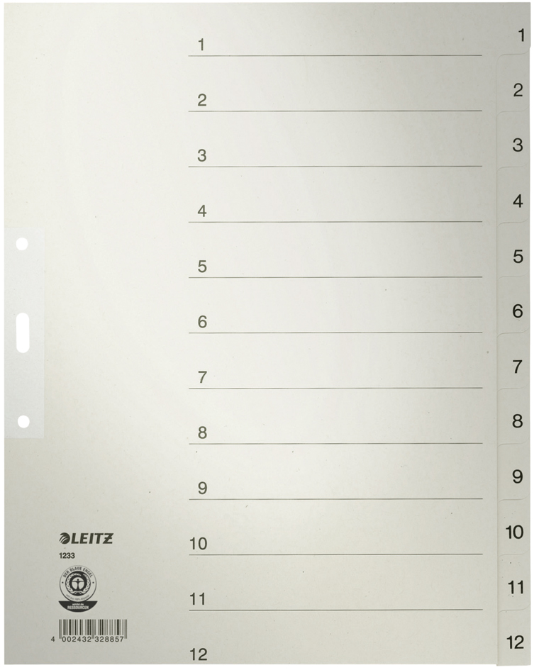 LEITZ Tauenpapier-Register, Zahlen, A4 Überbreite, 1-20,grau