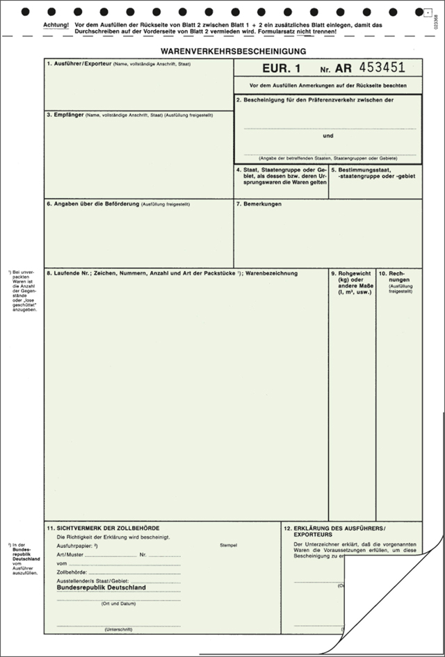 RNK Verlag Vordruck ´Warenverkehrsbescheinigung EUR.1´