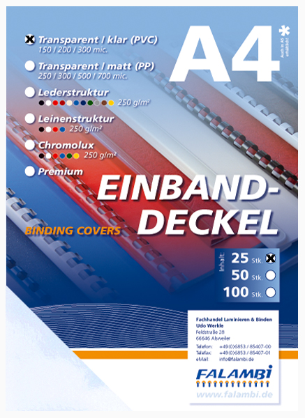25 Falambi Deckelfolien A4, transparent-klar - 150 mic. - 0,15 mm