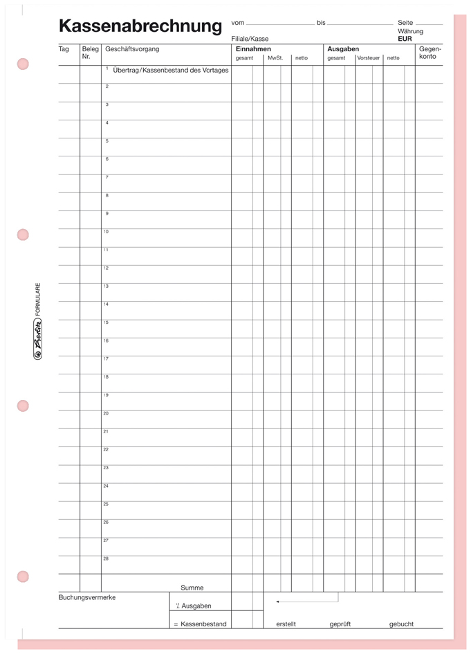 herlitz Formularbuch ´Kassenabrechnung 502´, DIN A4