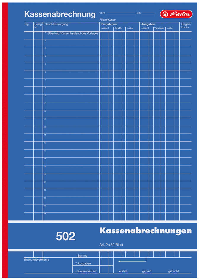 herlitz Formularbuch ´Kassenabrechnung 502´, DIN A4