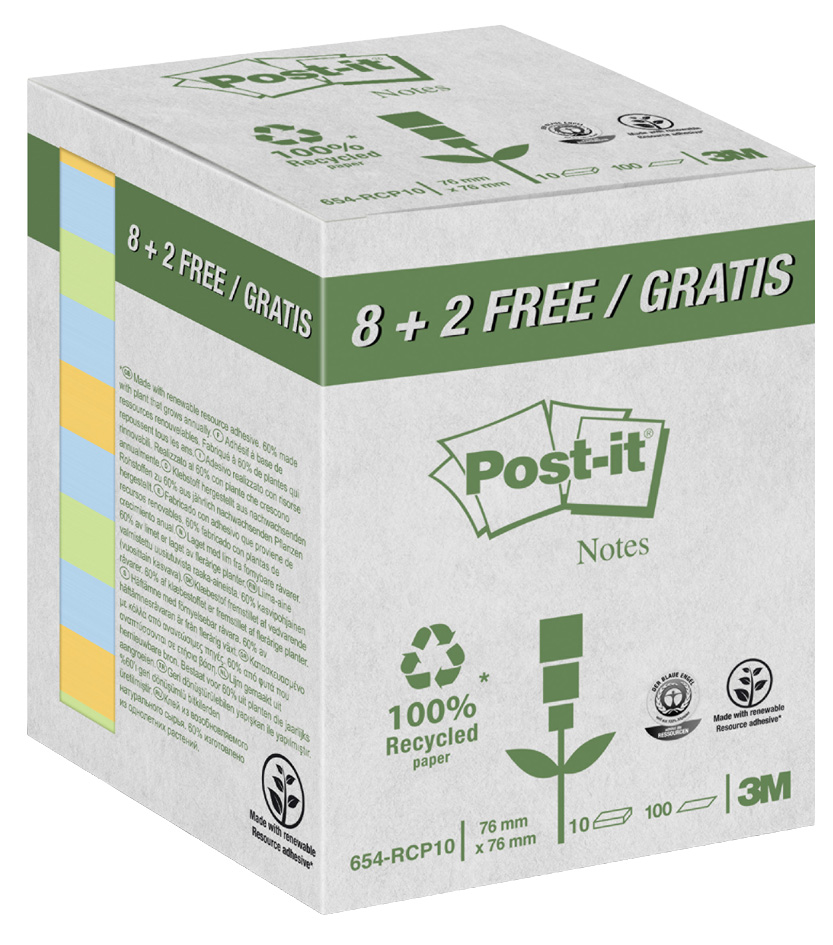 Post-it Haftnotizen Recycling Notes, 76 x 76 mm, gelb