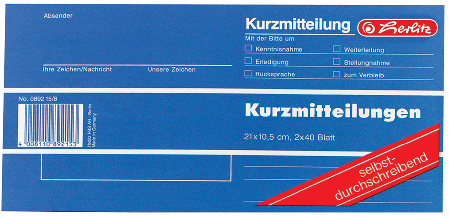 herlitz Formularbuch ´Kurzmitteilung´, 1/3 A4 quer