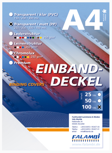 100 Deckelfolien A4, transparent-matt - 250 mic. - 0,25 mm