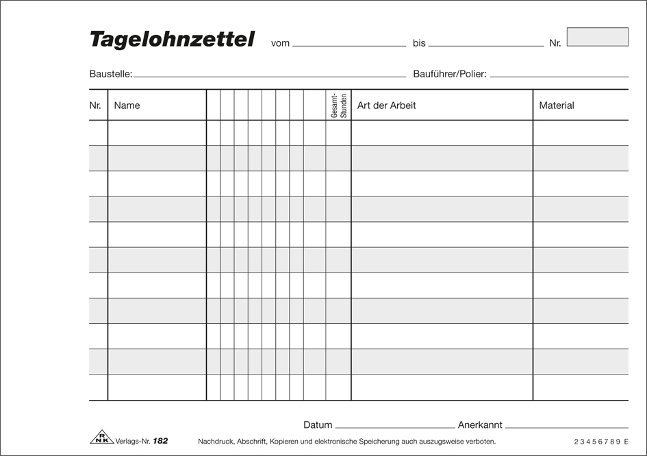 RNK Verlag Vordruck ´Tagelohnzettel´, Block, SD, DIN A5 quer