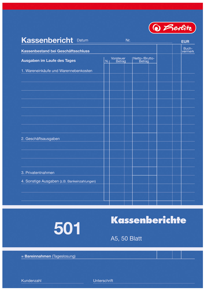 herlitz Formularbuch ´Kassenbericht 501´ DIN A5, 50 Blatt