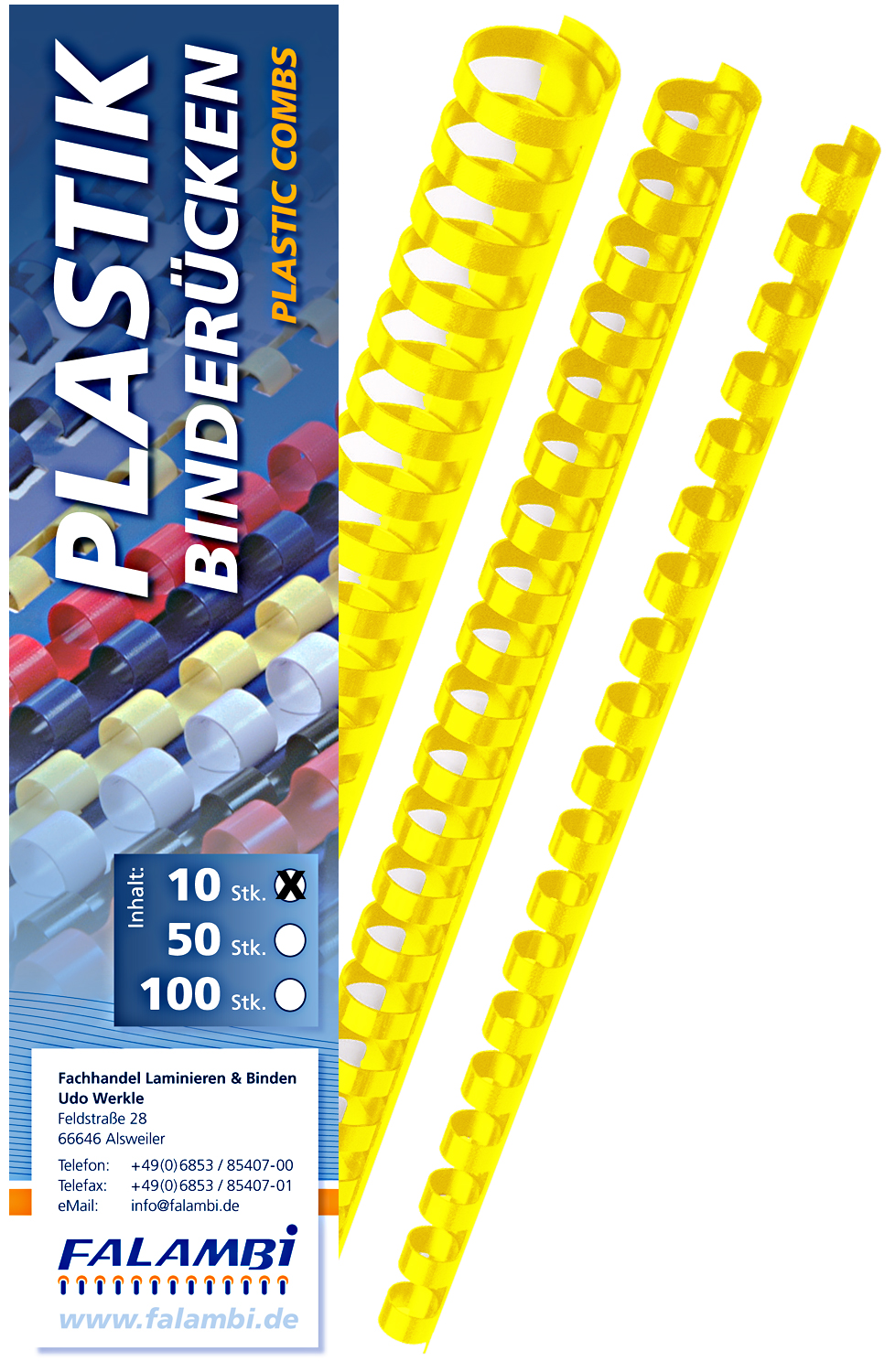 10 Plastik-Binderücken 21 Ringe  14 mm - gelb