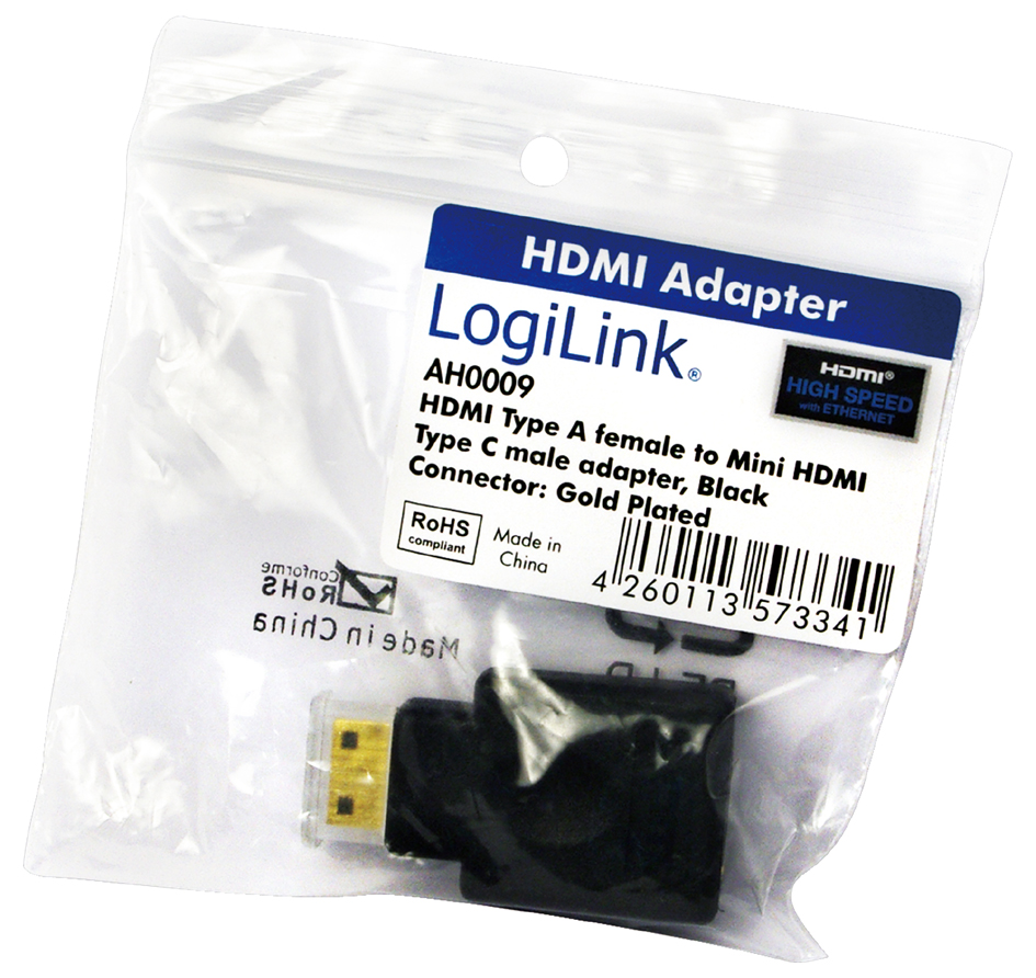 LogiLink Mini Adapter, HDMI Kupplung - HDMI Stecker, 19 Pol