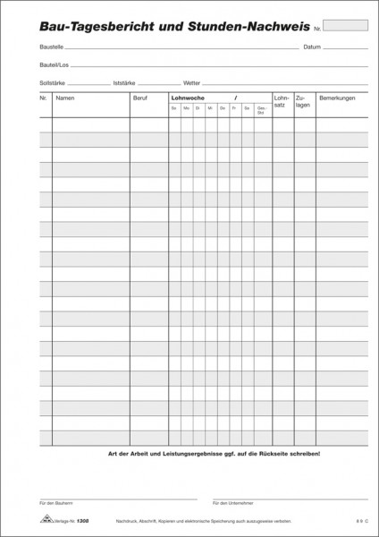 RNK Verlag Vordruck ´Bau-Tagesbericht und Stundennachweis ...